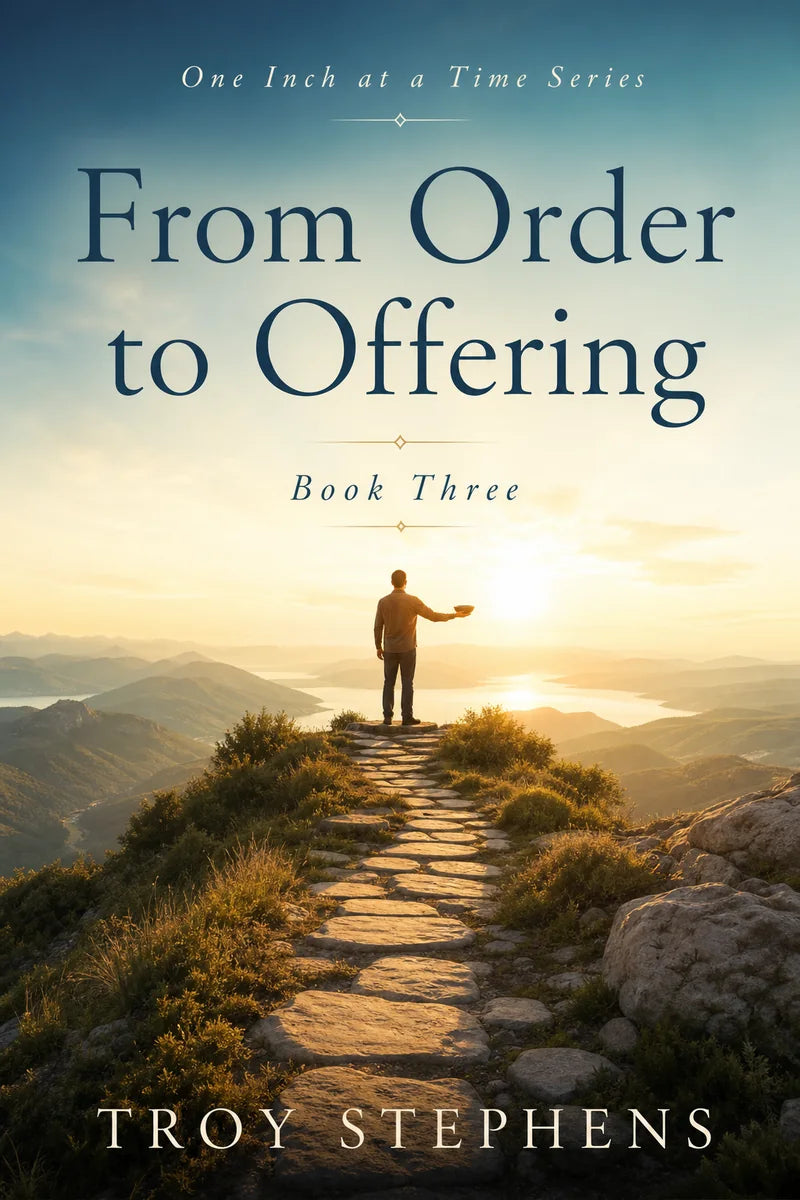 Cover of From Order to Offering: a figure stands at a summit at sunrise, holding out an open bowl toward the light.