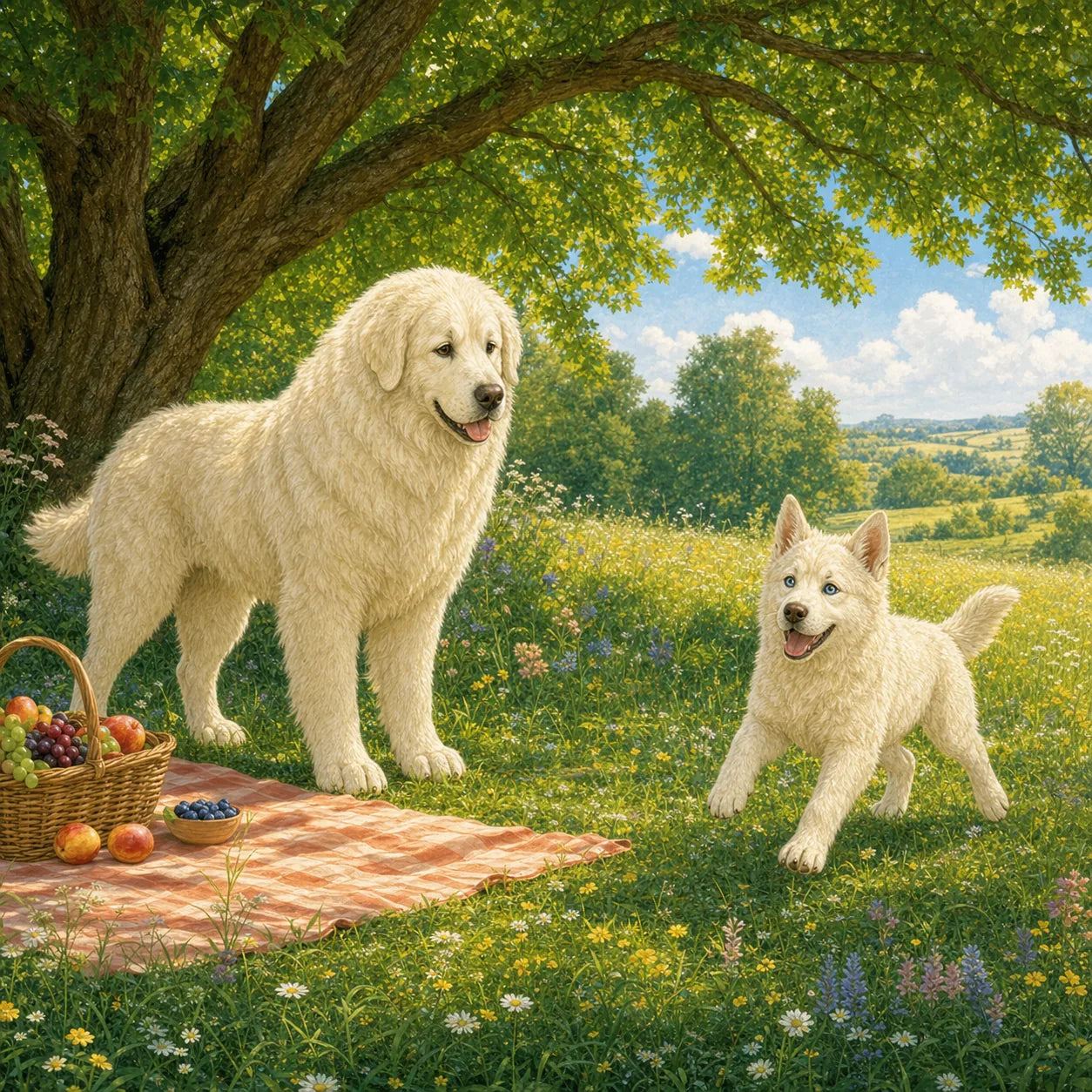 Storybook illustration: Panda, a large fluffy white Great Pyrenees, and Luna, a small white Husky puppy, play beside a picnic blanket in a sunny meadow.